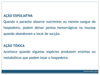 AÇÃO ESPOLIATIVA
Quando o parasito absorve nutrientes ou mesmo sangue do
hospedeiro, podem deixar pontos hemorrágicos na mucosa
quando abandonam o local de sucção.
AÇÃO TÓXICA
Acontece quando algumas espécies produzem enzimas ou
metabólicos que podem lesar o hospedeiro.
__________________________Introdução
 