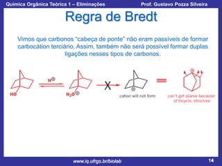 Química Orgânica Teórica 1 – Eliminações

Prof. Gustavo Pozza Silveira

Regra de Bredt
Vimos que carbonos “cabeça de ponte” não eram passíveis de formar
carbocátion terciário. Assim, também não será possível formar duplas
ligações nesses tipos de carbonos.

www.iq.ufrgs.br/biolab

14

 