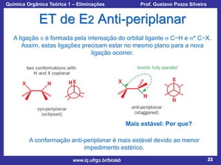 Química Orgânica Teórica 1 – Eliminações

Prof. Gustavo Pozza Silveira

ET de E2 Anti-periplanar
A ligação p é formada pela intereação do orbital ligante s C−H e s* C−X.
Assim, estas ligações precisam estar no mesmo plano para a nova
ligação ocorrer.

Mais estável: Por que?
A conformação anti-periplanar é mais estável devido ao menor
impedimento estérico.
www.iq.ufrgs.br/biolab

33

 