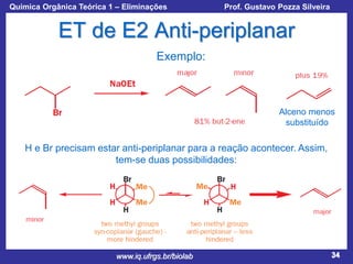 Química Orgânica Teórica 1 – Eliminações

Prof. Gustavo Pozza Silveira

ET de E2 Anti-periplanar
Exemplo:

Alceno menos
substituído

H e Br precisam estar anti-periplanar para a reação acontecer. Assim,
tem-se duas possibilidades:

www.iq.ufrgs.br/biolab

34

 