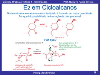 Química Orgânica Teórica 1 – Eliminações

Prof. Gustavo Pozza Silveira

E2 em Cicloalcanos
Neste cicloalcano o alceno mais substituiído é formado em maior quantidade.
Por que há possibilidade de formação de dois produtos?

Por que?

www.iq.ufrgs.br/biolab

39

 