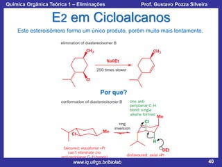 Química Orgânica Teórica 1 – Eliminações

Prof. Gustavo Pozza Silveira

E2 em Cicloalcanos
Este esteroisômero forma um único produto, porém muito mais lentamente.

Por que?

www.iq.ufrgs.br/biolab

40

 