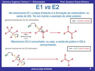 Química Orgânica Teórica 1 – Eliminações

Prof. Gustavo Pozza Silveira

E1 vs E2
No mecanismo E1 a etapa limitante é a formação do carbocátion, ou
saída do GS. Ter em mente o exemplo do slide anterior.

Mecanismo E2 é concertado, ou seja, a saída do próton e GS é
concomitante.

www.iq.ufrgs.br/biolab

5

 