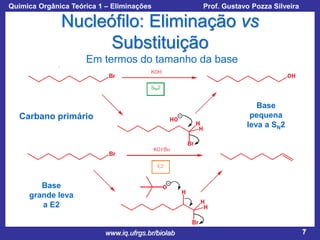Química Orgânica Teórica 1 – Eliminações

Prof. Gustavo Pozza Silveira

Nucleófilo: Eliminação vs
Substituição
Em termos do tamanho da base

Base
pequena
leva a SN2

Carbano primário

Base
grande leva
a E2

www.iq.ufrgs.br/biolab

7

 