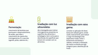 Fermentação:
Irradiação com luz
ultravioleta:
crescimento de bactérias que
promovem o desenvolvimento
de acidez, que inibe o
crescimento da maioria dos
microrganismos. É o caso dos
iogurtes, picles, salames etc.;
são empregadas para inativar
microrganismos presentes na
superfície dos alimentos e
embalagens, bem como para a
desinfecção de superfícies que
entram em contato com os
alimentos;
consiste na aplicação de doses
baixas de radiação gama, sendo
usado, basicamente, para reduzir
a carga microbiológica das
especiarias moída, evitar o
brotamento de batatas e
cebolas, controlar a infestação
de insetos na farinha de trigo
integral e para a desinfecção de
frutas
Irradiação com raios
gama:
 