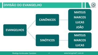 17
DIVISÃO DO EVANGELHO
Rodrigo Armbruster Candioto www.kerygma21.com.br
EVANGELHOS
CANÔNICOS
MATEUS
MARCOS
LUCAS
JOÃO
SINÓTICOS
MATEUS
MARCOS
LUCAS
 