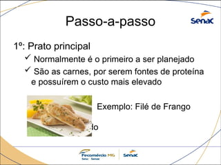 Passo-a-passo
1º: Prato principal
 Normalmente é o primeiro a ser planejado
 São as carnes, por serem fontes de proteína
e possuírem o custo mais elevado
 Exemplo: Filé de Frango
Grelhado
 