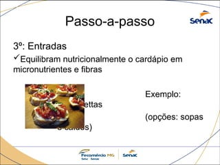 Passo-a-passo
3º: Entradas
Equilibram nutricionalmente o cardápio em
micronutrientes e fibras
Exemplo:
Bruschettas
(opções: sopas
e caldos)
 