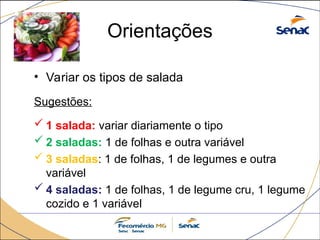 Orientações
• Variar os tipos de salada
Sugestões:
 1 salada: variar diariamente o tipo
 2 saladas: 1 de folhas e outra variável
 3 saladas: 1 de folhas, 1 de legumes e outra
variável
 4 saladas: 1 de folhas, 1 de legume cru, 1 legume
cozido e 1 variável
 