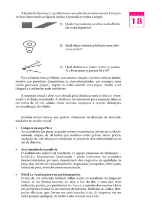 A ilusão de ótica é outro problema na execução dos ensaios visuais. Compro-    A U L A
ve isso observando as figuras abaixo e fazendo os testes a seguir.

                                 1) Quais traços são mais curtos: os da direita    18
                                    ou os da esquerda?




                                 2) Qual elipse é maior: a de baixo ou a inter-
                                    na superior?




                                 3) Qual distância é maior: entre os pontos
                                    A e B ou entre os pontos M e N?

    Para eliminar esse problema, nos ensaios visuais, devemos utilizar instru-
mentos que permitam dimensionar as descontinuidades, por exemplo, uma
escala graduada (régua). Repita os testes usando uma régua. Assim, você
chegará a conclusões mais confiáveis.

    A inspeção visual a olho nu é afetada pela distância entre o olho do obser-
vador e o objeto examinado. A distância recomendada para inspeção situa-se
em torno de 25 cm: abaixo desta medida, começam a ocorrer distorções
na visualização do objeto.


    Existem outros fatores que podem influenciar na detecção de desconti-
nuidades no ensaio visual.

·   Limpeza da superfície
    As superfícies das peças ou partes a serem examinadas devem ser cuidado-
    samente limpas, de tal forma que resíduos como graxas, óleos, poeira,
    oxidação etc. não impeçam a detecção de possíveis descontinuidades e/ou
    até de defeitos.

·   Acabamento da superfície
    O acabamento superficial resultante de alguns processos de fabricação -
    fundição, forjamento, laminação - pode mascarar ou esconder
    descontinuidades; portanto, dependendo dos requisitos de qualidade da
    peça, elas devem ser cuidadosamente preparadas (decapadas, rebarbadas,
    usinadas) para, só então, serem examinadas.

·   Nível de iluminação e seu posicionamento
    O tipo de luz utilizada também influi muito no resultado da inspeção
    visual. A luz branca natural, ou seja, a luz do dia, é uma das mais
    indicadas; porém, por problemas de l a y o u t, a maioria dos exames é feita
    em ambientes fechados, no interior de fábricas. Utilizam-se, então, lâm-
    padas elétricas, que devem ser posicionadas atrás do inspetor, ou em
    outra posição qualquer, de modo a não ofuscar sua vista.
 