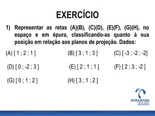 EXERCÍCIO
1) Representar as retas (A)(B), (C)(D), (E)(F), (G)(H), no
espaço e em épura, classificando-as quanto à sua
posição em relação aos planos de projeção. Dados:
(A) [ 1 ; 2 ; 1 ] (B) [ 3 ; 1 ; 3 ] (C) [ -3 ; -2 ; -2]
(D) [ 0 ; -2 ; 3 ] (E) [ 2 ; 1 ; 1 ] (F) [ 2 ; 3 ; -2 ]
(G) [ 0 ; 1 ; 2 ] (H) [ 3 ; 1 ; 2 ]
 