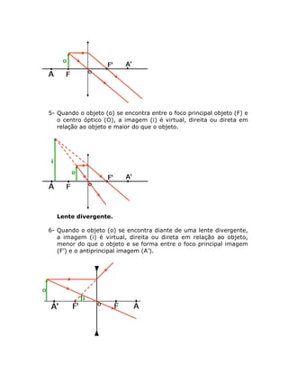 5- Quando o objeto (o) se encontra entre o foco principal objeto (F) e
o centro óptico (O), a imagem (i) é virtual, direita ou direta em
relação ao objeto e maior do que o objeto.

•

Lente divergente.

6- Quando o objeto (o) se encontra diante de uma lente divergente,
a imagem (i) é virtual, direita ou direta em relação ao objeto,
menor do que o objeto e se forma entre o foco principal imagem
(F’) e o antiprincipal imagem (A’).

 
