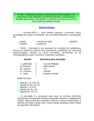Exercícios
1) – (Fuvest-2001) – Uma pessoa passará a excretar maior
quantidade de uréia se aumentar, em sua dieta alimentar, a quantidade
de:
a) amido b) cloreto de sódio c) glicídios
d) lipídeos c) proteínas
2) (PUC) – Excreção é um processo de remoção de substâncias
tóxicas ou inúteis do interior dos organismos, realizando por estrutura
especializadas. Analise os cinco exemplos, verificando se há
correspondência entre o animal e a estrutura excretora.
Animal Estrutura para excreção
I. gafanhoto ‡ tubo de Malpighi
II. planária ‡ célula-flama
III. esquilo ‡ rim
IV. minhoca ‡ nefrídio
V. hidra ‡ vacúolo contrátil
Estão corretas:
a) apenas I, II, III e IV.
b) apenas II, III, IV e V.
c) apenas I, II e III.
d) apenas II, III e IV.
e) Apenas III, IV e V.
3) A excreção é o processo pelo qual os animais eliminam
substâncias nitrogenadas tóxicas produzidas durante o metabolismo
celular. Alguns animais excretam amônia e outros transformam a
amônia em uréia e ácido úrico. Acerca desse processo, foram feitas
as seguintes afirmações:
O FNA – composto químico, produzido pelo átrio cardíaco, é o
responsável pela dilatação da arteríola aferente, aumentando a
filtração glomerular, acarretando o aumento do volume da urina e
diminuição da pressão arterial.
 