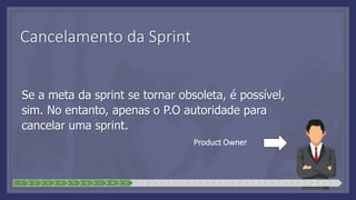 Cancelamento da Sprint
Se a meta da sprint se tornar obsoleta, é possível,
sim. No entanto, apenas o P.O autoridade para
cancelar uma sprint.
Product Owner
1 2 3 4 5 6 7 8 9 10 11 12 13 14 15 16 17 18 19 20 21 22 23 24 25
 