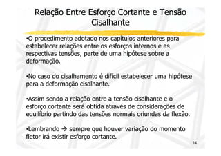 Relação Entre Esforço Cortante e Tensão 
Cisalhante 
•O procedimento adotado nos capítulos anteriores para 
estabelecer relações entre os esforços internos e as 
respectivas tensões, parte de uma hipótese sobre a 
deformação. 
•No caso do cisalhamento é difícil estabelecer uma hipótese 
14 
para a deformação cisalhante. 
•Assim sendo a relação entre a tensão cisalhante e o 
esforço cortante será obtida através de considerações de 
equilíbrio partindo das tensões normais oriundas da flexão. 
•Lembrando  sempre que houver variação do momento 
fletor irá existir esforço cortante. 
 