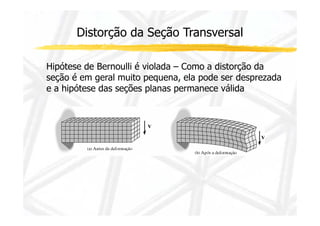 Distorção da Seção Transversal 
Hipótese de Bernoulli é violada – Como a distorção da 
seção é em geral muito pequena, ela pode ser desprezada 
e a hipótese das seções planas permanece válida 
 