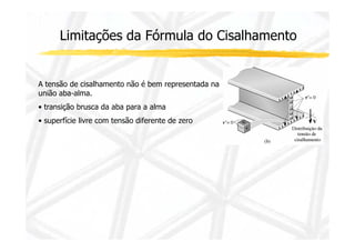 Limitações da Fórmula do Cisalhamento 
A tensão de cisalhamento não é bem representada na 
união aba-alma. 
• transição brusca da aba para a alma 
• superfície livre com tensão diferente de zero 
 