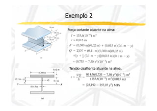 Exemplo 2 
Força cortante atuante na alma: 
Tensão cisalhante atuante na alma: 
 