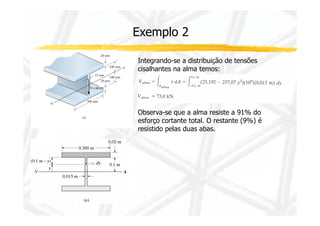 Exemplo 2 
Integrando-se a distribuição de tensões 
cisalhantes na alma temos: 
Observa-se que a alma rreessiissttee aa 9911%% ddoo 
esforço cortante total. O restante (9%) é 
resistido pelas duas abas. 
