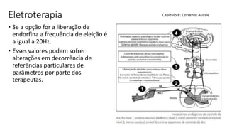 Eletroterapia
• Se a opção for a liberação de
endorfina a frequência de eleição é
a igual a 20Hz.
• Esses valores podem sofrer
alterações em decorrência de
referências particulares de
parâmetros por parte dos
terapeutas.
Capítulo 8: Corrente Aussie
 
