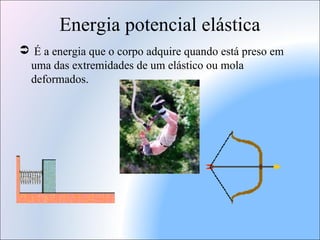Energia potencial elástica
 É a energia que o corpo adquire quando está preso em
uma das extremidades de um elástico ou mola
deformados.
 