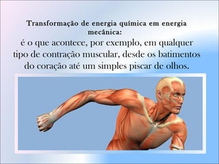Transformação de energia química em energia
mecânica: 
é o que acontece, por exemplo, em qualquer
tipo de contração muscular, desde os batimentos
do coração até um simples piscar de olhos.
 