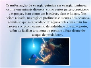 Transformação de energia química em energia luminosa: 
ocorre em animais diversos, como certos peixes, crustáceos
e esponjas, bem como em bactérias, algas e fungos. Nos
peixes abissais, nas regiões profundas e escuras dos oceanos,
admite-se que a capacidade de alguns deles em emitir luz
favoreça o reconhecimento de indivíduos do sexo oposto,
além de facilitar a captura de presas e a fuga diante do
ataque de predadores.
 