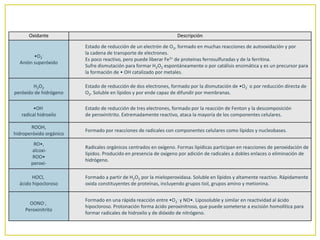 Oxidante Descripción
•O2
-
Anión superóxido
Estado de reducción de un electrón de O2, formado en muchas reacciones de autooxidación y por
la cadena de transporte de electrones.
Es poco reactivo, pero puede liberar Fe2+ de proteínas ferrosulfuradas y de la ferritina.
Sufre dismutación para formar H2O2 espontáneamente o por catálisis enzimática y es un precursor para
la formación de • OH catalizado por metales.
H2O2
peróxido de hidrógeno
Estado de reducción de dos electrones, formado por la dismutación de •O2
- o por reducción directa de
O2. Soluble en lípidos y por ende capaz de difundir por membranas.
•OH
radical hidroxilo
Estado de reducción de tres electrones, formado por la reacción de Fenton y la descomposición
de peroxinitrito. Extremadamente reactivo, ataca la mayoría de los componentes celulares.
ROOH,
hidroperóxido orgánico
Formado por reacciones de radicales con componentes celulares como lípidos y nucleobases.
RO•,
alcoxi-
ROO•
peroxi-
Radicales orgánicos centrados en oxígeno. Formas lipídicas participan en reacciones de peroxidación de
lípidos. Producido en presencia de oxígeno por adición de radicales a dobles enlaces o eliminación de
hidrógeno.
HOCl,
ácido hipocloroso
Formado a partir de H2O2 por la mieloperoxidasa. Soluble en lípidos y altamente reactivo. Rápidamente
oxida constituyentes de proteínas, incluyendo grupos tiol, grupos amino y metionina.
OONO-,
Peroxinitrito
Formado en una rápida reacción entre •O2
- y NO•. Liposoluble y similar en reactividad al ácido
hipocloroso. Protonación forma ácido peroxinitroso, que puede someterse a escisión homolítica para
formar radicales de hidroxilo y de dióxido de nitrógeno.
 