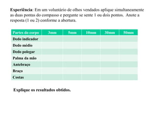 Experiência: Em um voluntário de olhos vendados aplique simultaneamente
as duas pontas do compasso e pergunte se sente 1 ou dois pontos. Anote a
resposta (1 ou 2) conforme a abertura.
Partes do corpo 3mm 5mm 10mm 30mm 50mm
Dedo indicador
Dedo médio
Dedo polegar
Palma da mão
Antebraço
Braço
Costas
Explique os resultados obtidos.
 