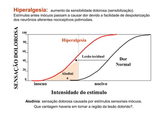 Alodini
a
Hiperalgesia: aumento da sensibilidade dolorosa (sensibilização).
Estímulos antes inócuos passam a causar dor devido a facilidade de despolarização
dos neurônios aferentes nociceptivos polimodais.
inocuo nocivo
100
80
20
0
60
40
SENSAÇÃO
DOLOROSA
Intensidade do estímulo
Dor
Normal
Alodinia: sensação dolorosa causada por estímulos sensoriais inócuos.
Que vantagem haveria em tornar a região da lesão dolorido?.
Hiperalgesia
Lesão tecidual
 