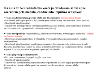 Na aula de Neuroanatomia vocês já estudaram as vias que
ascendem pela medula, conduzindo impulsos sensitivos:
• Via da dor, temperatura, pressão e tato não-discriminativo (sistema ântero-lateral)
- Receptores: nociceptor (lesão – dor); termoceptor (temperatura); mecanoceptor (tato e pressão)
- Neurônio I: gânglio espinal
- Neurônio II: coluna posterior (substância cinzenta); axônio cruza na comissura branca anterior e
ascende como trato espinotalâmico (sistema ântero-lateral)
• Via do tato epicrítico (discriminativo), sensibilidade vibratória, propriocepção consciente (Sistema
do funículo posterior)
- Receptores: mecanoceptor (tato e vibração) e proprioceptor (fusos neuromusculares e órgãos
neurotendíneos
- Neurônio I: gânglio espinal, o prolongamento central do axônio ascende ipsilateralmente pelo
fascículo grácil (metade inferior do tronco e membros inferiores) ou fascículo cuneiforme (metade
superior do tronco, membros superiores e pescoço) até o bulbo.
• Via da propriocepção inconsciente
- Receptor: mesmos que da propriocepção consciente
- Neurônio I: gânglio espinal
- Neurônio II: coluna intermédia (núcleo torácico posterior), o axônio segue ipsilateralmente para
formar o trato espinocerebelar posterior ou cruza para formar o trato espinocerebelar
anterior.
 