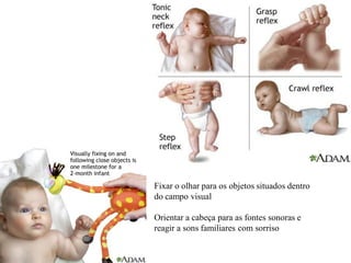 Fixar o olhar para os objetos situados dentro
do campo visual
Orientar a cabeça para as fontes sonoras e
reagir a sons familiares com sorriso
 