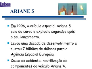 ARIANE 5 Em 1996, o veículo espacial Ariane 5 saiu do curso e explodiu segundos após o seu lançamento.  Levou uma década de desenvolvimento e custou 7 bilhões de dólares para a Agência Espacial Européia. Causa do acidente: reutilização de componentes do veículo Ariane 4. 