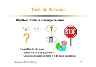 Introdução ao Teste de Software 11
Teste de Software
 Inexistência de erro:
 Software é de alta qualidade?
 Conjunto de casos de teste T é de baixa qualidade?
?
D P
X
T
Objetivo: revelar a presença de erros
 