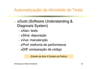 Introdução ao Teste de Software 23
Automatização da Atividade de Teste
 xSuds (Software Understanding 
Diagnosis System)
 xAtac: teste
 xSlice: depuração
 xVue: manutenção
 xProf: melhoria de performance
 xDiff: comparação de código
Estado da Arte X Estado da Prática
 