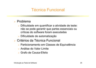 Introdução ao Teste de Software 25
Técnica Funcional
 Problema
 Dificuldade em quantificar a atividade de teste:
não se pode garantir que partes essenciais ou
críticas do software foram executadas
 Dificuldade de automatização
 Critérios da Técnica Funcional
 Particionamento em Classes de Equivalência
 Análise do Valor Limite
 Grafo de Causa-Efeito
 