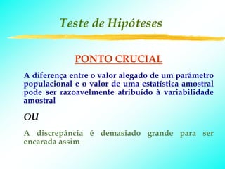 Teste de Hipóteses

             PONTO CRUCIAL
A diferença entre o valor alegado de um parâmetro
populacional e o valor de uma estatística amostral
pode ser razoavelmente atribuído à variabilidade
amostral

OU
A discrepância é demasiado grande para ser
encarada assim
 
