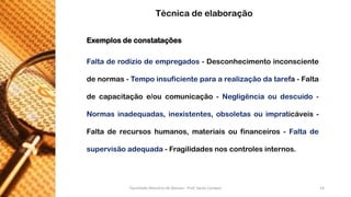 Exemplosdeconstatações 
Faltaderodíziodeempregados-Desconhecimentoinconscientedenormas-Tempoinsuficienteparaarealizaçãodatarefa-Faltadecapacitaçãoe/oucomunicação-Negligênciaoudescuido- Normasinadequadas,inexistentes,obsoletasouimpraticáveis- Faltaderecursoshumanos,materiaisoufinanceiros-Faltadesupervisãoadequada-Fragilidadesnoscontrolesinternos. 
Técnica de elaboração 
Faculdade Maurício de Nassau - Prof. Saulo Campos 14 
 