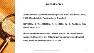 ATTIE,William.Auditoria:teoriaeprática.6ed.SãoPaulo:Atlas, 2011.(Capítulo25–FinalizaçãodoTrabalho) 
BOYNTOV,C.W.;JOHSON,R.N.;KELL,W.G.Auditoria.SãoPaulo:Atlas,2002. 
Universidade da Amazônia –UNAMA. Aula Nº 14 –Relatório de Auditoria. Disponível em: http://arquivos.unama.br/nead/gol/gol_ cont_8mod/auditoria/pdf/aula14(25).pdf 
REFERÊNCIAS 
Faculdade Maurício de Nassau - Prof. Saulo Campos 22 
