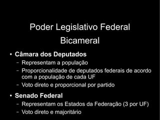 Poder Legislativo Federal 
Bicameral 
● Câmara dos Deputados 
– Representam a população 
– Proporcionalidade de deputados federais de acordo 
com a população de cada UF 
– Voto direto e proporcional por partido 
● Senado Federal 
– Representam os Estados da Federação (3 por UF) 
– Voto direto e majoritário 
 