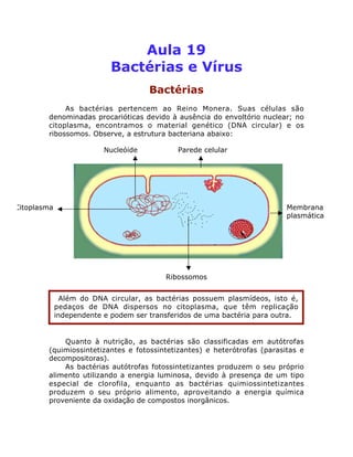 Aula 19
Bactérias e Vírus
Bactérias
As bactérias pertencem ao Reino Monera. Suas células são
denominadas procarióticas devido à ausência do envoltório nuclear; no
citoplasma, encontramos o material genético (DNA circular) e os
ribossomos. Observe, a estrutura bacteriana abaixo:
Quanto à nutrição, as bactérias são classificadas em autótrofas
(quimiossintetizantes e fotossintetizantes) e heterótrofas (parasitas e
decompositoras).
As bactérias autótrofas fotossintetizantes produzem o seu próprio
alimento utilizando a energia luminosa, devido à presença de um tipo
especial de clorofila, enquanto as bactérias quimiossintetizantes
produzem o seu próprio alimento, aproveitando a energia química
proveniente da oxidação de compostos inorgânicos.
Membrana
plasmática
Citoplasma
Ribossomos
Parede celularNucleóide
Além do DNA circular, as bactérias possuem plasmídeos, isto é,
pedaços de DNA dispersos no citoplasma, que têm replicação
independente e podem ser transferidos de uma bactéria para outra.
 