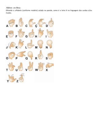 Alfabeto em libras:
Olhando o alfabeto (conforme modelo) colado na parede, como é a letra X na linguagem dos surdos e/ou
mudos.
 