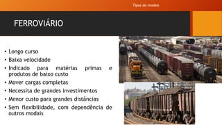 FERROVIÁRIO
• Longo curso
• Baixa velocidade
• Indicado para matérias primas e
produtos de baixo custo
• Mover cargas completas
• Necessita de grandes investimentos
• Menor custo para grandes distâncias
• Sem flexibilidade, com dependência de
outros modais
Tipos de modais
 