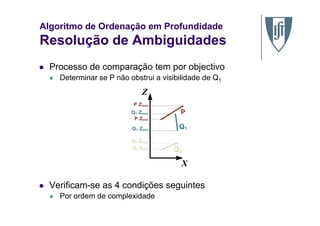 Algoritmo de Ordenação em Profundidade
Resolução de Ambiguidades
Processo de comparação tem por objectivo
Determinar se P não obstrui a visibilidade de Q1
©2010, CG&M/IST e Figuras Addison Wesley
20
Verificam-se as 4 condições seguintes
Por ordem de complexidade
 