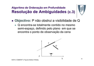 Algoritmo de Ordenação em Profundidade
Resolução de Ambiguidades (c.3)
Objectivo: P não obstrui a visibilidade de Q
Q encontra-se totalmente contido no mesmo
semi-espaço, definido pelo plano em que se
encontra o ponto de observação da cena
©2010, CG&M/IST e Figuras Addison Wesley
encontra o ponto de observação da cena
23X
Z
P
Q
 