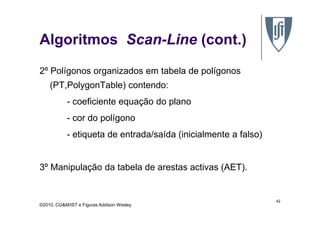 2º Polígonos organizados em tabela de polígonos
(PT,PolygonTable) contendo:
- coeficiente equação do plano
- cor do polígono
Algoritmos Scan-Line (cont.)
©2010, CG&M/IST e Figuras Addison Wesley
42
- cor do polígono
- etiqueta de entrada/saída (inicialmente a falso)
3º Manipulação da tabela de arestas activas (AET).
 