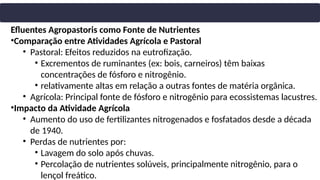 Efluentes Agropastoris como Fonte de Nutrientes
•Comparação entre Atividades Agrícola e Pastoral
• Pastoral: Efeitos reduzidos na eutrofização.
• Excrementos de ruminantes (ex: bois, carneiros) têm baixas
concentrações de fósforo e nitrogênio.
• relativamente altas em relação a outras fontes de matéria orgânica.
• Agrícola: Principal fonte de fósforo e nitrogênio para ecossistemas lacustres.
•Impacto da Atividade Agrícola
• Aumento do uso de fertilizantes nitrogenados e fosfatados desde a década
de 1940.
• Perdas de nutrientes por:
• Lavagem do solo após chuvas.
• Percolação de nutrientes solúveis, principalmente nitrogênio, para o
lençol freático.
 