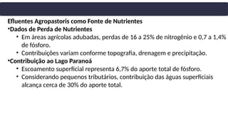 Efluentes Agropastoris como Fonte de Nutrientes
•Dados de Perda de Nutrientes
• Em áreas agrícolas adubadas, perdas de 16 a 25% de nitrogênio e 0,7 a 1,4%
de fósforo.
• Contribuições variam conforme topografia, drenagem e precipitação.
•Contribuição ao Lago Paranoá
• Escoamento superficial representa 6,7% do aporte total de fósforo.
• Considerando pequenos tributários, contribuição das águas superficiais
alcança cerca de 30% do aporte total.
 