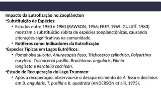 Impacto da Eutrofização no Zooplâncton
•Substituição de Espécies:
• Estudos entre 1950 e 1980 (RAWSON, 1956; FREY, 1969; GULATÍ, 1983)
mostram a substituição súbita de espécies zooplanctônicas, causando
alterações significativas na comunidade.
• Rotíferos como Indicadores da Eutrofização
•Especies Típicas em Lagos Eutróficos:
• Pompholyx sulcata, Anuraeopsis fissa, Trichocerca cylindrica, Polyarthra
eurytera, Trichocerca pusilla, Brachionus angularis, Filinia
longiseta e Kerateila cochlean.
•Estudo de Recuperação do Lago Trummen:
• Após a recuperação, observou-se o desaparecimento de A. fissa e declínios
em B. angularis, T. pusilla e K. quadrata (ANDERSON et alii, 1973).
 
