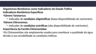 Organismos Bentônicos como Indicadores do Estado Trófico
Indicadores Bentônicos Específicos
•Gênero Tanytarsus:
• Indicador de condições oligotróficas (baixa disponibilidade de nutrientes).
•Gênero Chironomus:
• Indicador de condições eutróficas (alta disponibilidade de nutrientes).
Importância da Família Chironomidae
•Os Chironomidae são amplamente usados para monitorar a qualidade da água
devido à sua sensibilidade às condições tróficas.
 